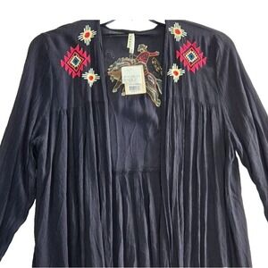 NEW ROPER Womens‎ Sz L Long Cardigan Crinkle Cloth Rodeo Horse Black Embroidered